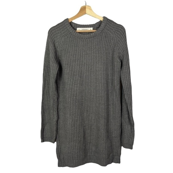 Zara Knit Gray Long Sleeve Crew Neck Sweater Dress M - Picture 1 of 4